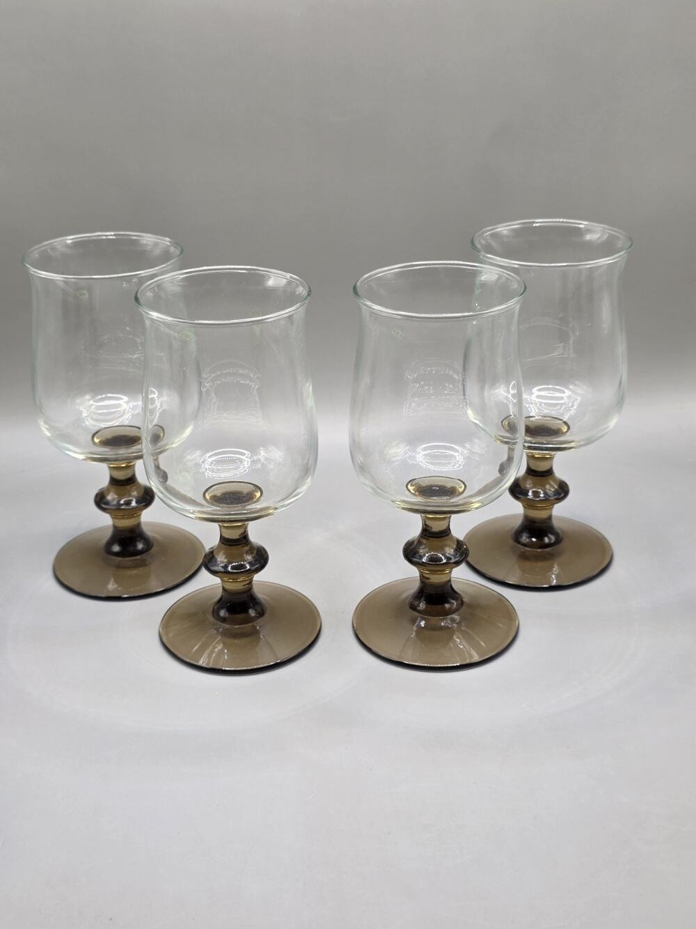 :Vintage Libbey Tulip Brown Stemmed Wine Glasses Set of 4 Clear Bowl Smoky Base